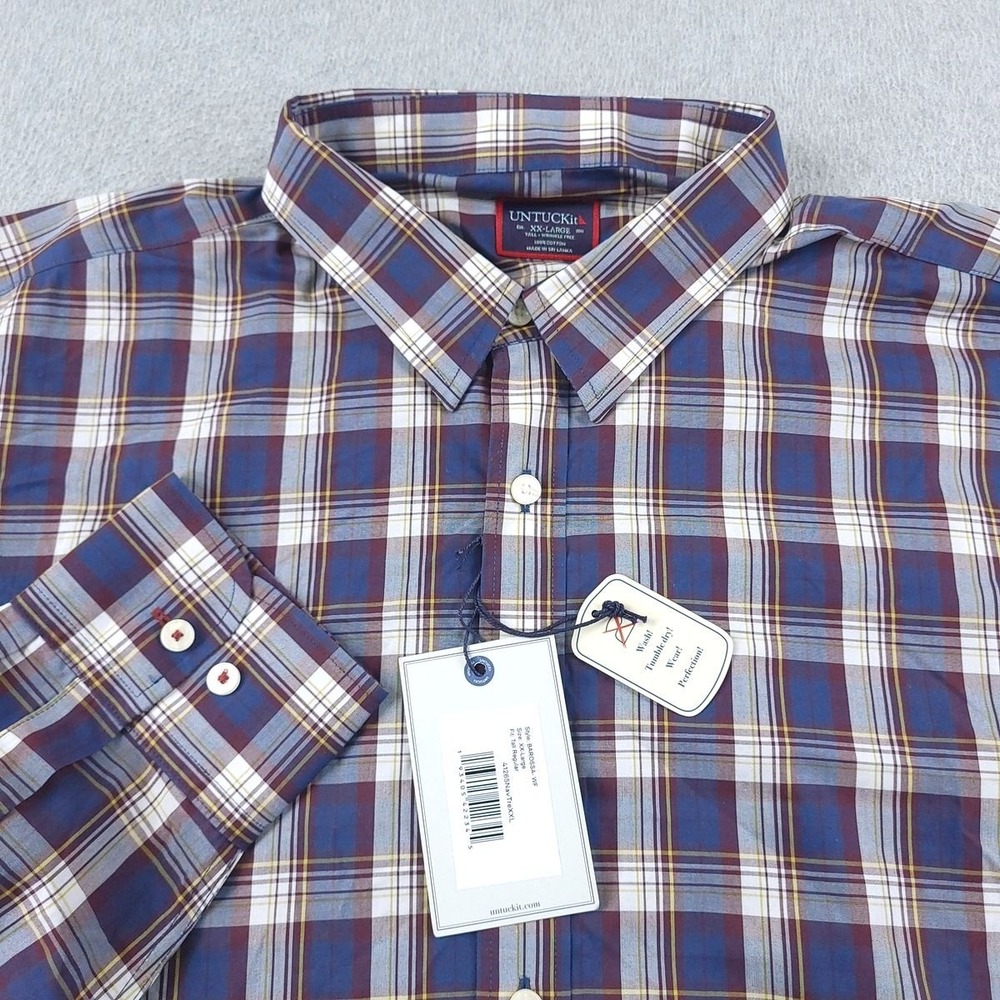 UNTUCKit Shirt Mens 2XL XXL Tall Blue Red Plaid Barossa Wrinkle Resistant Casual
